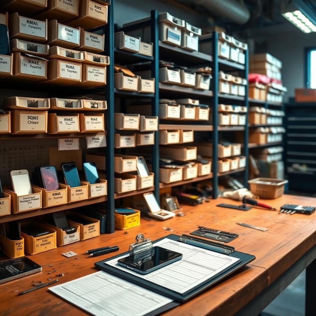 Organized repair shop inventory shelves with labeled bins and RMA clipboard